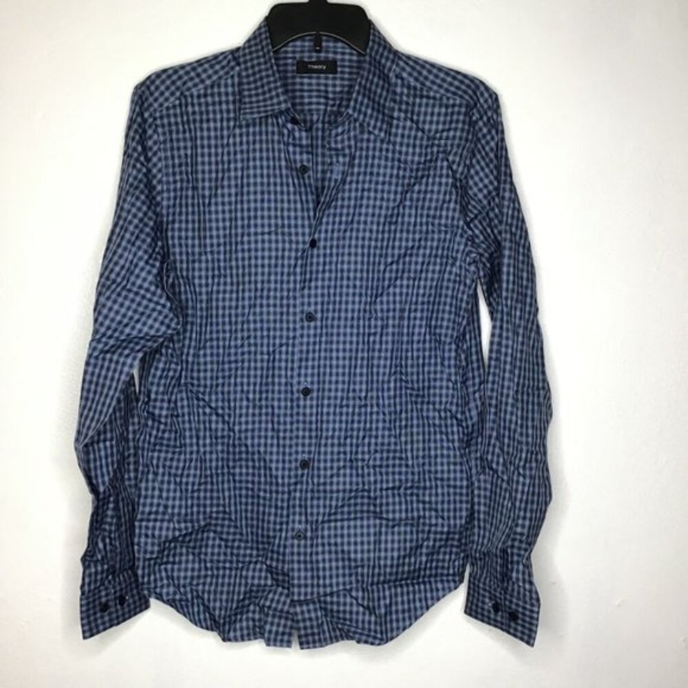 Theory Irving Shirt Men Small Blue Plaid Long Sleeve Button-Up Fade Check NWT
